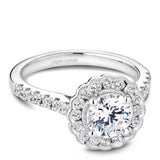 A Noam Carver white gold engagement ring with a floral halo and 34 diamonds.