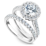 A Noam Carver white gold engagement ring with a floral halo and 34 diamonds.