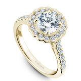 A Noam Carver yellow gold engagement ring with a floral halo and 34 diamonds.