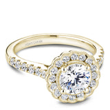 A Noam Carver yellow gold engagement ring with a floral halo and 34 diamonds.