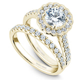 A Noam Carver yellow gold engagement ring with a floral halo and 34 diamonds.