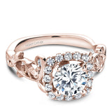 A Noam Carver rose gold engagement ring with a cushion halo, 18 round diamonds and a detailed floral band. 
