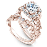 A Noam Carver rose gold engagement ring with a cushion halo, 18 round diamonds and a detailed floral band. 