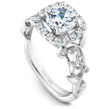 A Noam Carver white gold engagement ring with a cushion halo, 18 round diamonds and a detailed floral band. 