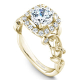 A Noam Carver yellow gold engagement ring with a cushion halo, 18 round diamonds and a detailed floral band. 