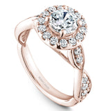 A Noam Carver rose gold engagement ring with a floral halo and 26 diamonds.