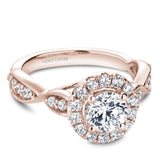 A Noam Carver rose gold engagement ring with a floral halo and 26 diamonds.