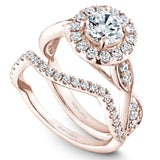 A Noam Carver rose gold engagement ring with a floral halo and 26 diamonds.