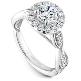 A Noam Carver white gold engagement ring with a floral halo and 26 diamonds.