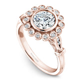 A Noam Carver rose gold engagement ring with 18 round diamonds on a floral halo and a detailed band.
