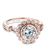 A Noam Carver rose gold engagement ring with 18 round diamonds on a floral halo and a detailed band.