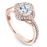 A Noam Carver rose gold engagement ring with a floral halo and 50 diamonds.