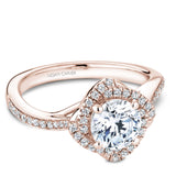 A Noam Carver rose gold engagement ring with a floral halo and 50 diamonds.