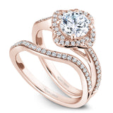 A Noam Carver rose gold engagement ring with a floral halo and 50 diamonds.
