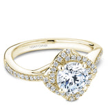 A Noam Carver yellow gold engagement ring with a floral halo and 50 diamonds.