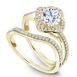 A Noam Carver yellow gold engagement ring with a floral halo and 50 diamonds.