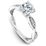 A Noam Carver white gold engagement ring with a round centerpiece and 30 diamonds on a floral band.