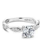 A Noam Carver white gold engagement ring with a round centerpiece and 30 diamonds on a floral band.