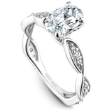 A Noam Carver white gold engagement ring with an oval centerpiece and 30 diamonds on a floral band.