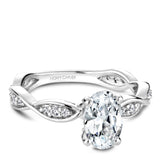 A Noam Carver white gold engagement ring with an oval centerpiece and 30 diamonds on a floral band.