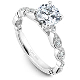 A Noam Carver white gold engagement ring with a round centerpiece and a floral band dazzled with 18 diamonds.