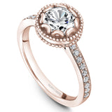 A Noam Carver rose gold engagement ring with a floral setting and 18 round diamonds.