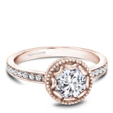 A Noam Carver rose gold engagement ring with a floral setting and 18 round diamonds.