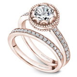 A Noam Carver rose gold engagement ring with a floral setting and 18 round diamonds.