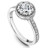 A Noam Carver white gold engagement ring with a floral setting and 18 round diamonds.