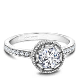 A Noam Carver white gold engagement ring with a floral setting and 18 round diamonds.