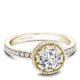 A Noam Carver yellow gold engagement ring with a floral setting and 18 round diamonds.