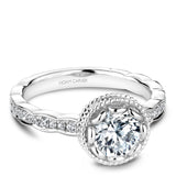 A Noam Carver white gold engagement ring with a floral setting, a detailed band and 32 round diamonds.