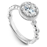 A Noam Carver white gold engagement ring with a floral setting, a detailed band and 58 round diamonds.