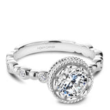 A Noam Carver white gold engagement ring with a floral setting, a detailed band and 58 round diamonds.