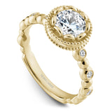 A Noam Carver yellow gold engagement ring with a floral setting, a detailed band and 58 round diamonds.