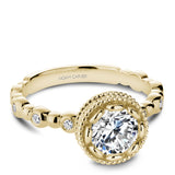 A Noam Carver yellow gold engagement ring with a floral setting, a detailed band and 58 round diamonds.