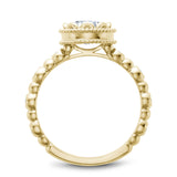 A Noam Carver yellow gold engagement ring with a floral setting, a detailed band and 58 round diamonds.