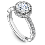 A Noam Carver white gold engagement ring with a floral setting and 52 round diamonds.