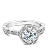 A Noam Carver white gold engagement ring with a floral setting and 52 round diamonds.