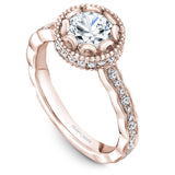 A Noam Carver rose gold engagement ring with a floral setting and 52 round diamonds.