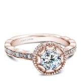 A Noam Carver rose gold engagement ring with a floral setting and 52 round diamonds.