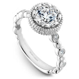A Noam Carver white gold engagement ring with a floral setting, a detailed band and 28 round diamonds.