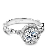 A Noam Carver white gold engagement ring with a floral setting, a detailed band and 28 round diamonds.