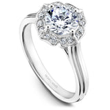 A Noam Carver white gold engagement ring with 16 round diamonds on a floral halo.