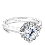 A Noam Carver white gold engagement ring with 16 round diamonds on a floral halo.