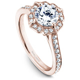 A Noam Carver rose gold engagement ring with a floral halo and 36 diamonds.