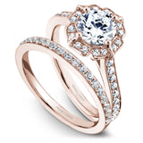 A Noam Carver rose gold engagement ring with a floral halo and 36 diamonds.