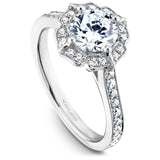 A Noam Carver white gold engagement ring with a floral halo and 36 diamonds.