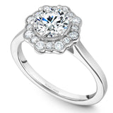 A Noam Carver white gold engagement ring with a floral halo and 16 diamonds.