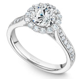 A Noam Carver white gold engagement ring with a floral halo and 30 diamonds.